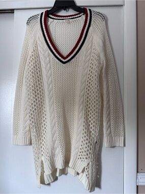 Ultra Flirt Cream V-Neck Open Knit Sweater with Red and Black Trim